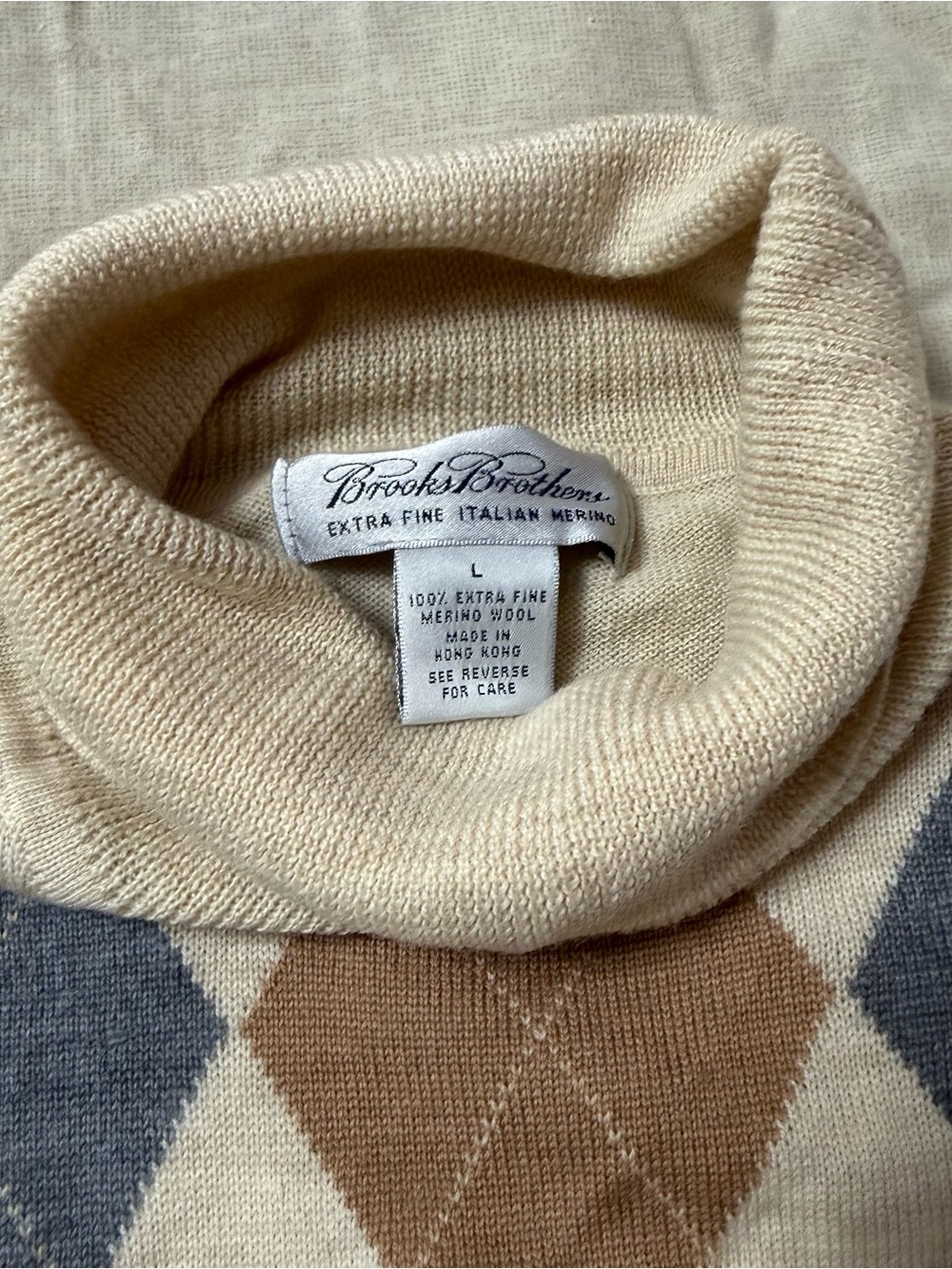 Brooks Brothers Cream, Brown & Gray Argyle Turtleneck Sweater